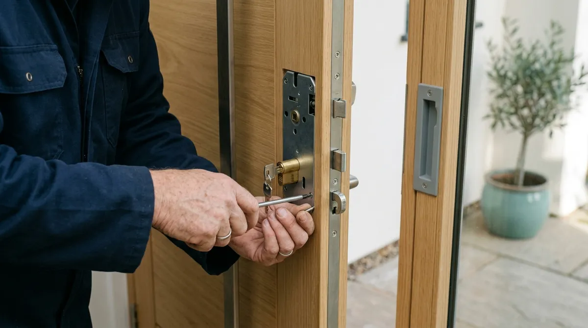 Serrurier posant une serrure multipoints sur une porte